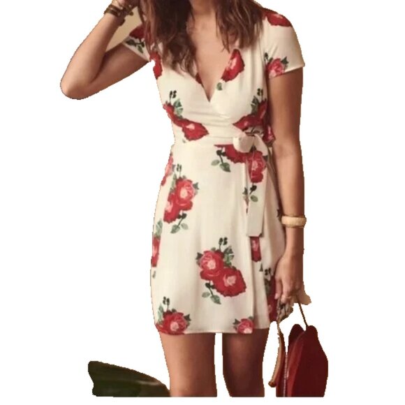 Sezane Dresses & Skirts - Sezane Anastasia Wrap Short Dress Women Size 38 Ivory Silk and Peony